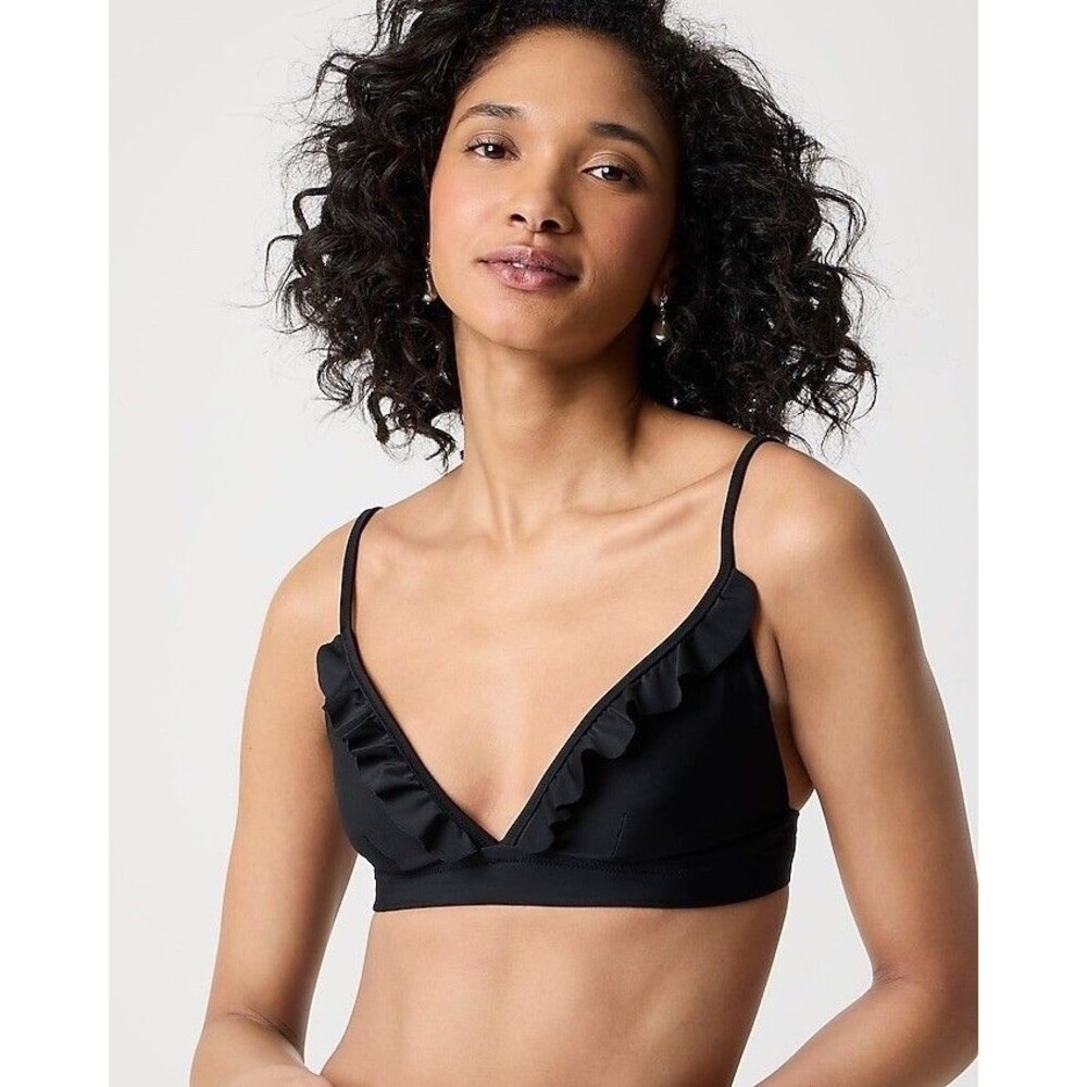 NWT J. Crew Size XS Ruffle French Bikini Top Black Spaghetti Strap Triangle Swim